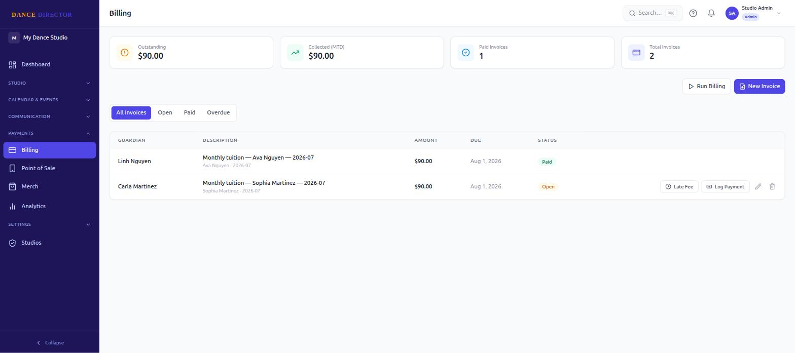 Dance Director billing dashboard showing outstanding balances, collected payments, and open and paid invoices
