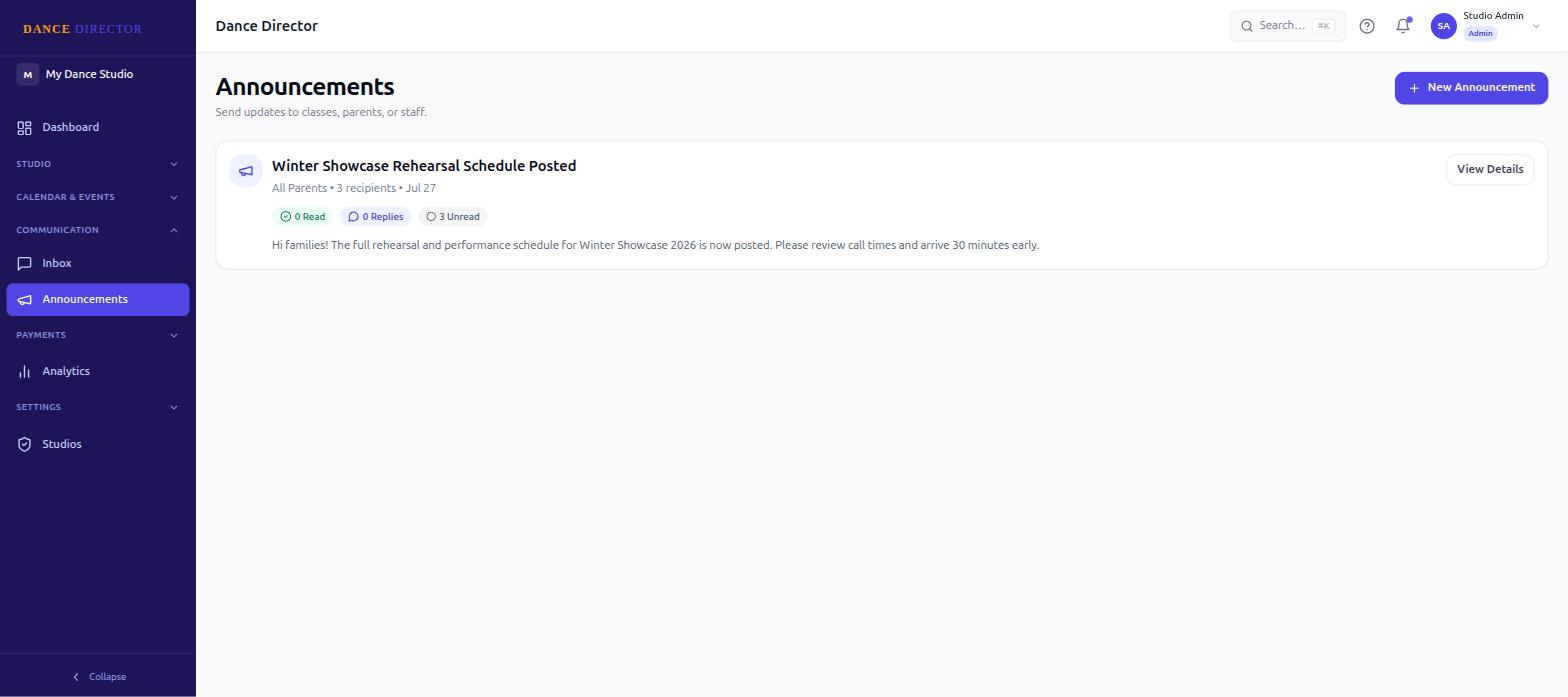 Dance Director studio announcement with read, reply, and unread tracking for parents