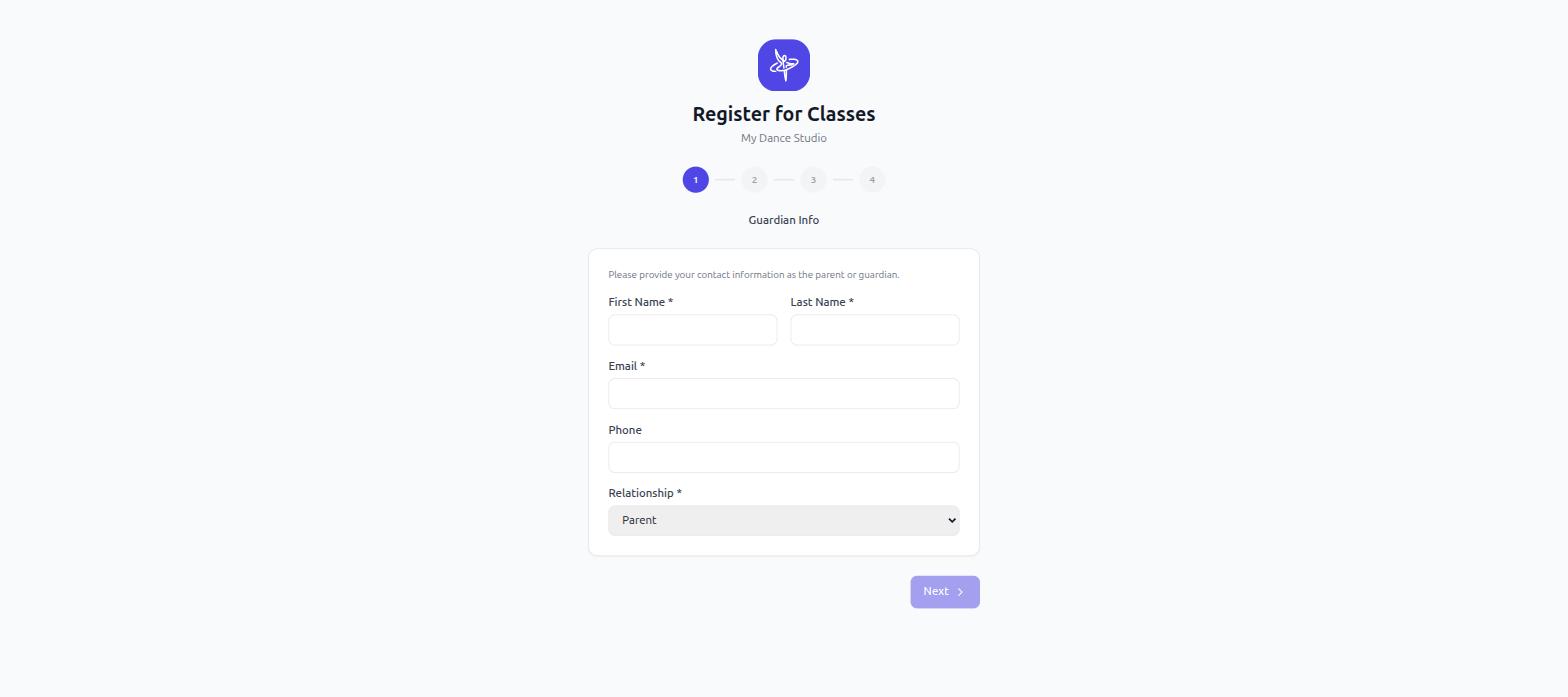 Dance Director public online registration form for parents to enroll a dancer