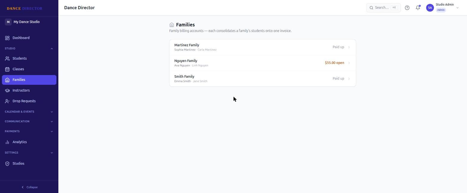 Dance Director family accounts showing consolidated billing status for each family